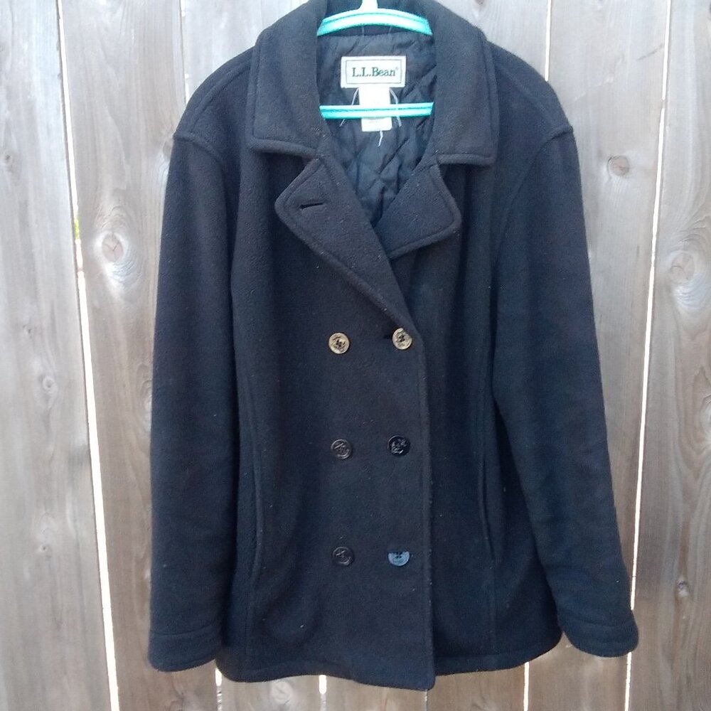 LL Bean peacoat jacket fleece black anchor buttons womens medium nautical preppy